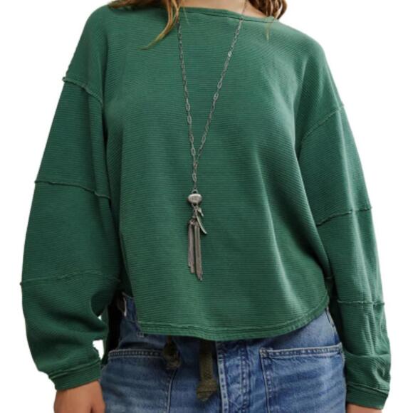 We The Free Tops - We The Free Oversized Green Total Eclipse Ribbed Long Sleeve Top - Size - Medium